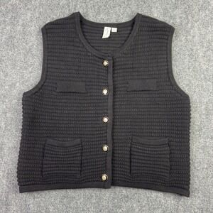 Joie Vest Womens L Black Knit‎ Textured Gold Buttons Pockets Preppy Quiet Luxury